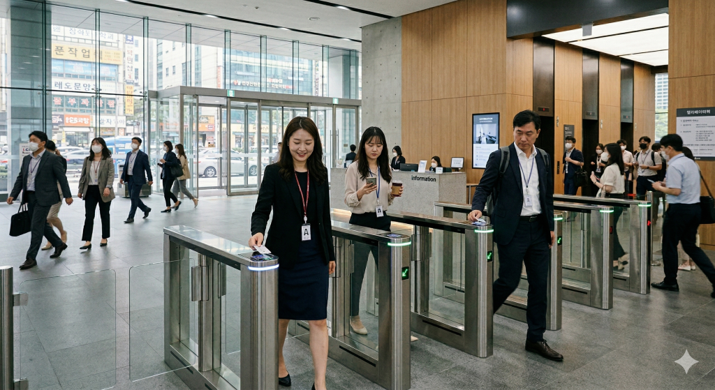 프라임 오피스 빌딩 스마트 출입 시스템과 직원 출입 모습
