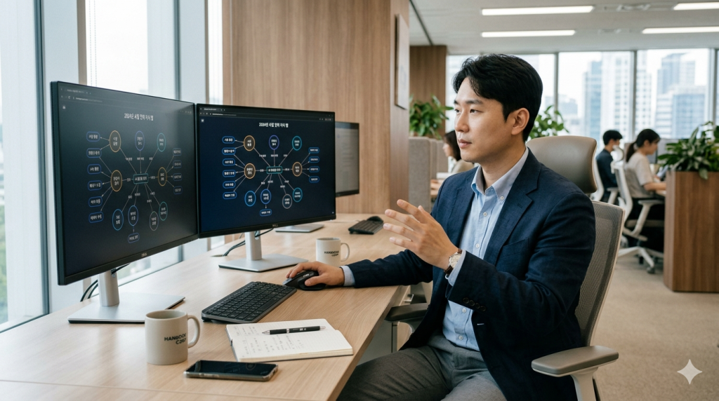 AI 기반 지식 관리 조직과 기존 방식 조직의 격차를 보여주는 구조 비교도