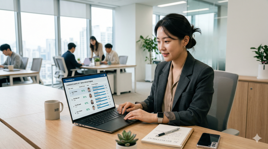 한국 채용 담당자가 노트북에서 AI가 스크리닝한 상위 지원자 목록과 포지션 적합도 근거를 검토하는 장면