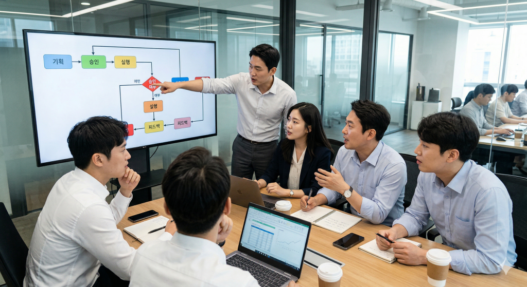 빠른 의사결정을 위해 구조를 논의하는 한국인 팀 회의 장면