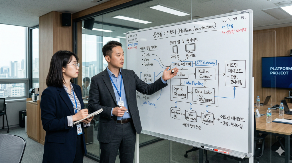 한국 IT 스타트업 기획 회의실에서 화이트보드에 플랫폼 데이터 흐름을 설계하는 장면, PM과 기획자가 데이터 수집 구조를 논의 중